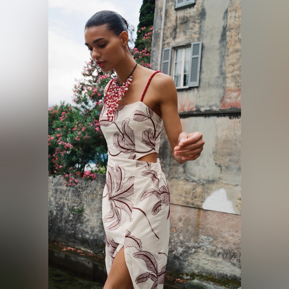 Zara NWT Floral Embroidered Cut Out Midi Braided Straps Resort Wear Dress- Small - Picture 3 of 11
